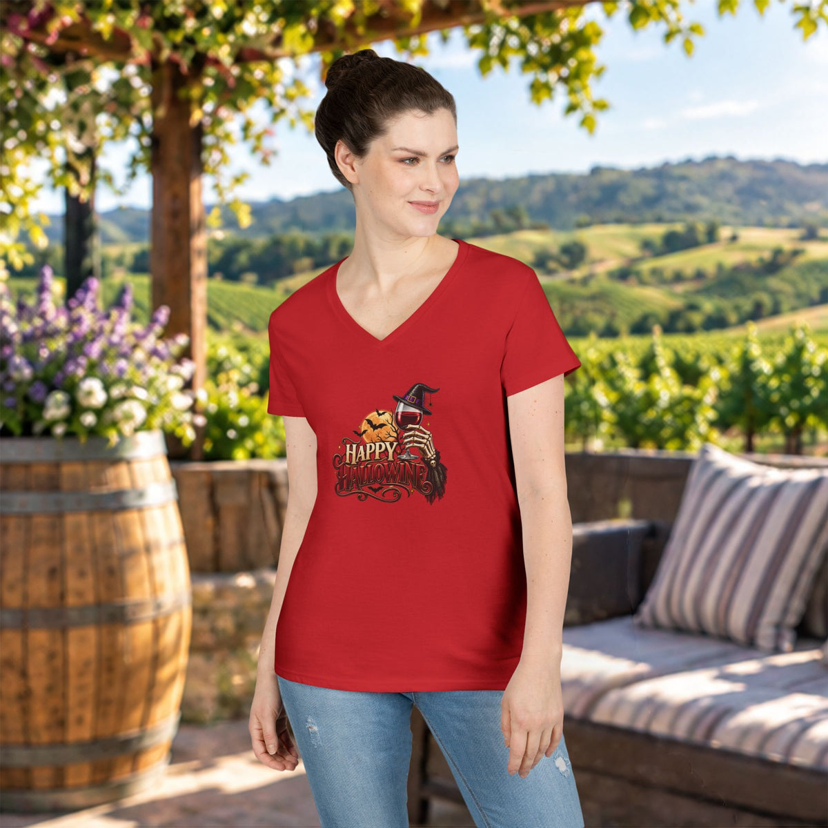 Happy Hallowine Ladies V-Neck Tee