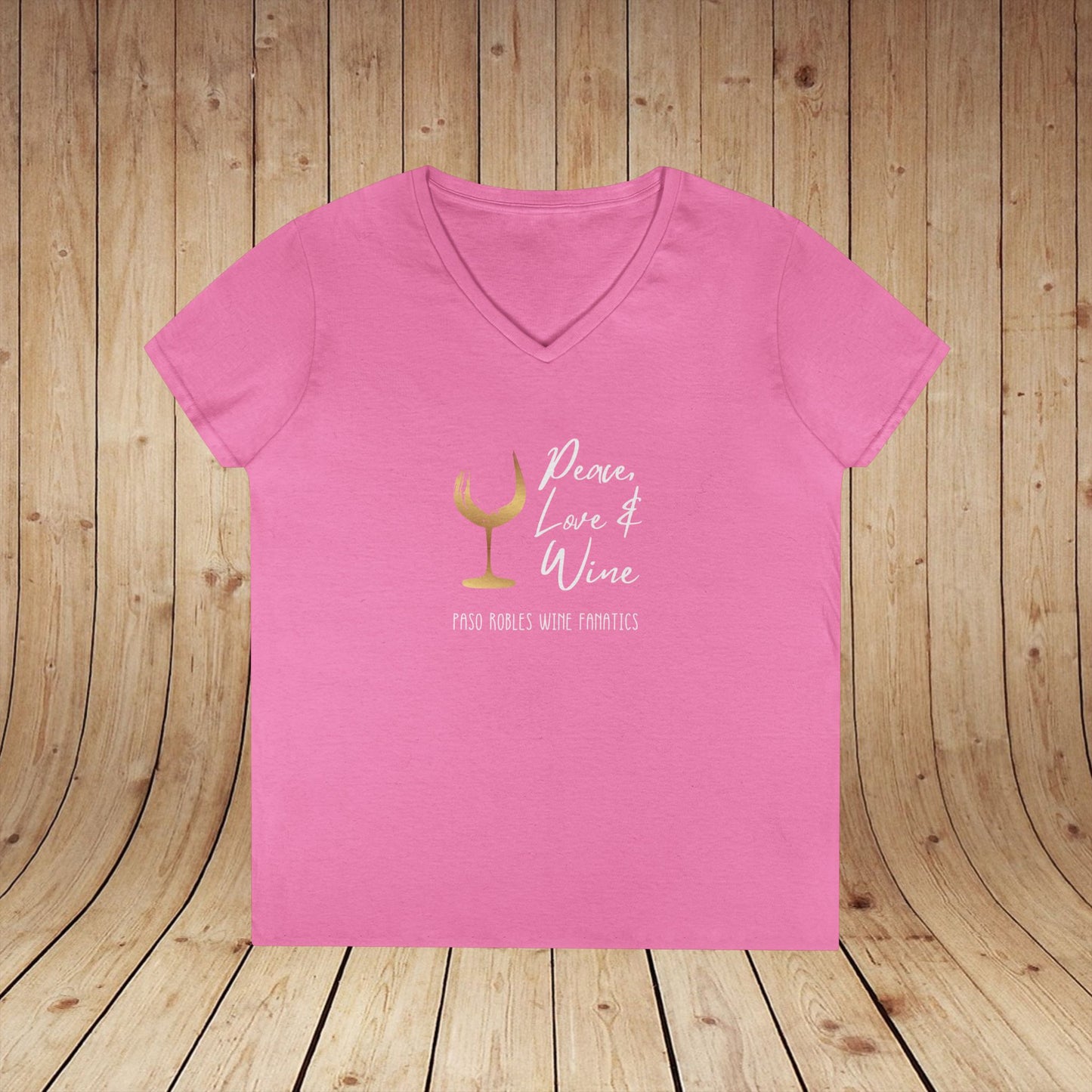Peace, Love & Wine Gold Glass Ladies V-Neck Tee