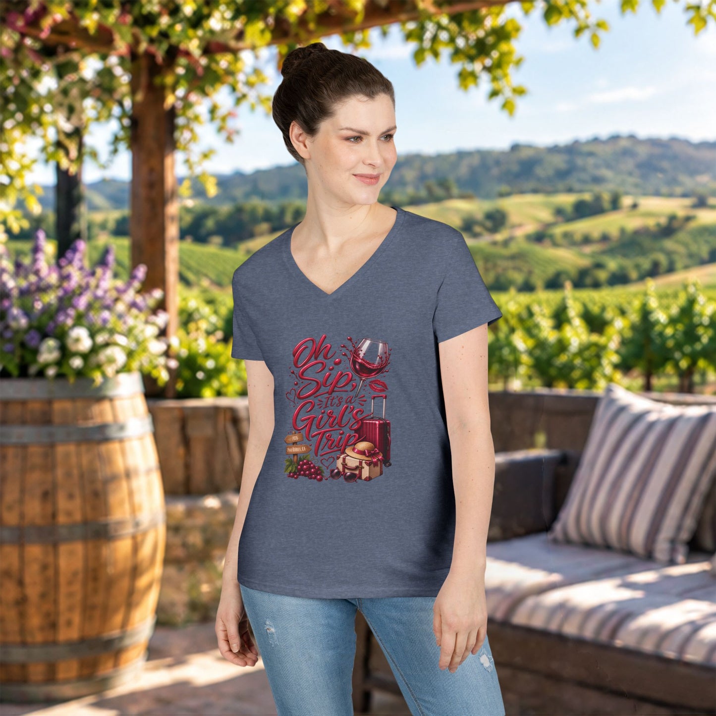 Oh Sip It's A Girl's Trip Personalized Ladies V-Neck Tee