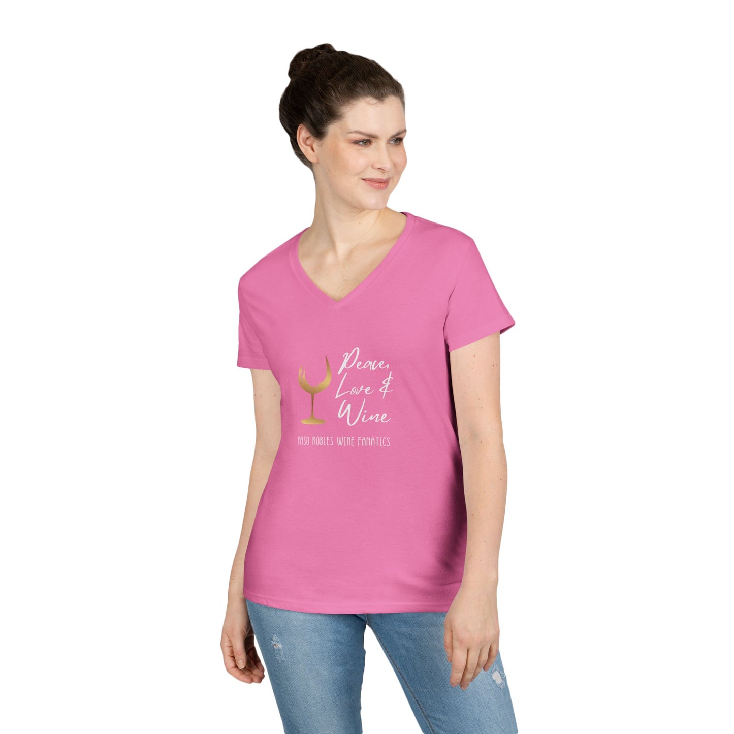 Peace, Love & Wine Gold Glass Ladies V-Neck Tee