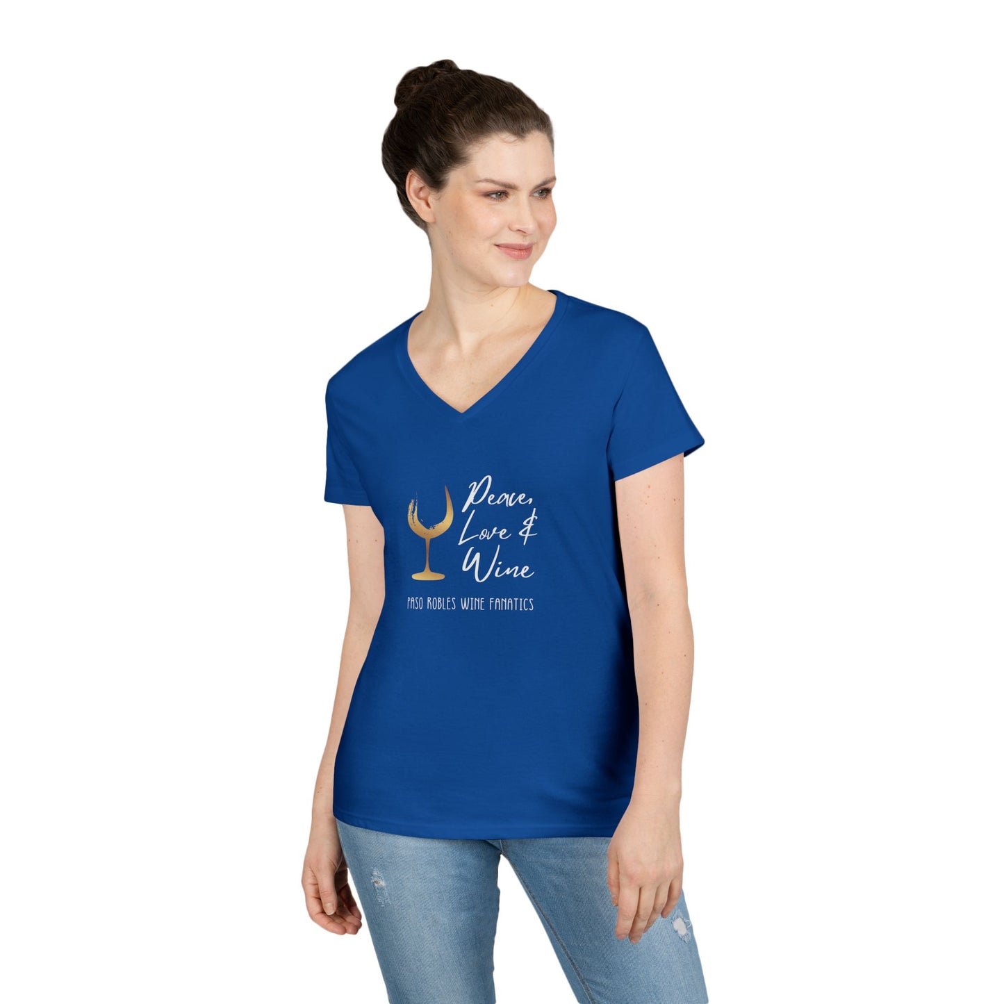 Peace, Love & Wine Gold Glass Ladies V-Neck Tee