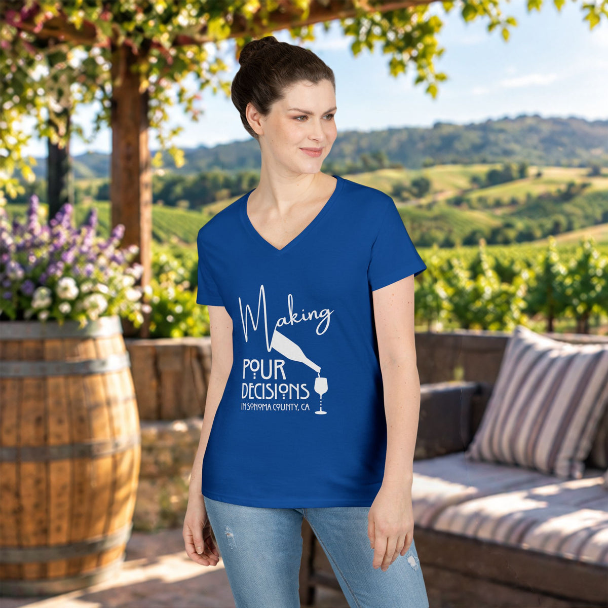 Making Pour Decisions in Sonoma, CA Ladies V-Neck Tee