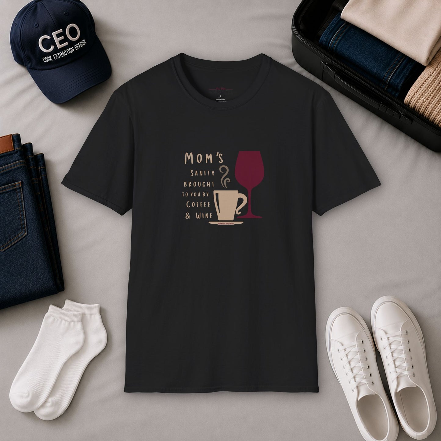 Mom's sanity brought to you by Coffee & Wine Crewneck Tee