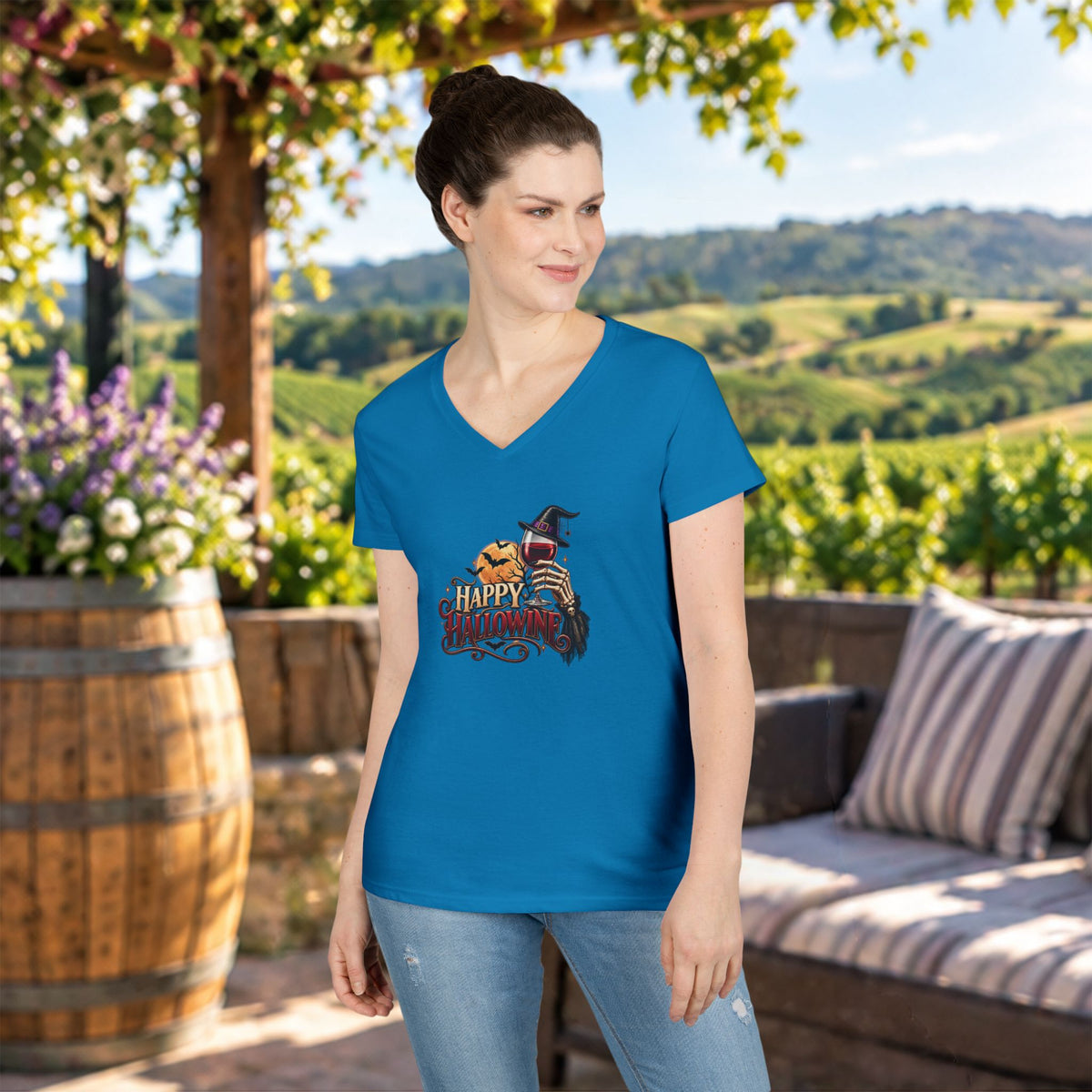 Happy Hallowine Ladies V-Neck Tee