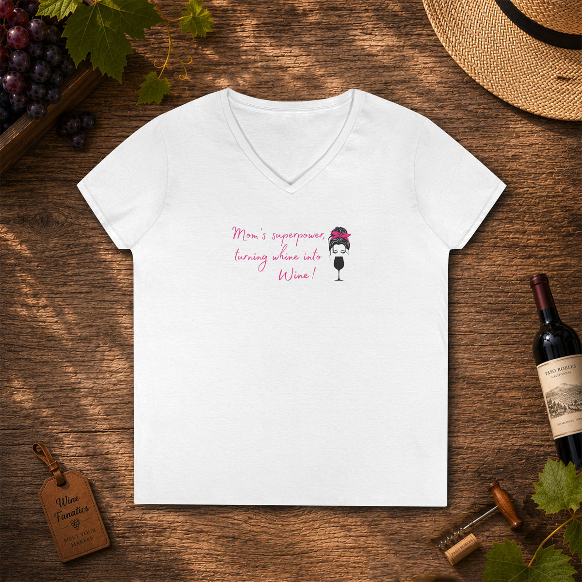 Mom's superpower, turning whine into Wine! Ladies V-Neck T-Shirt