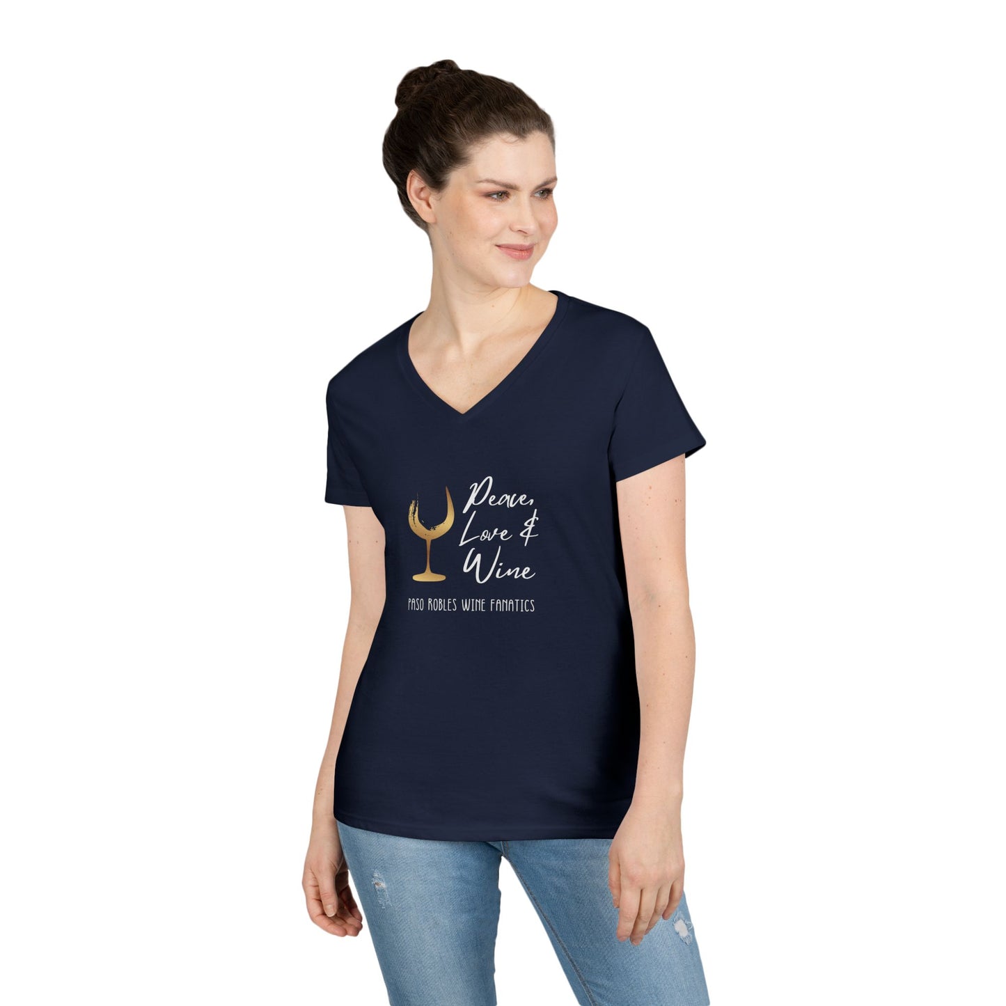 Peace, Love & Wine Gold Glass Ladies V-Neck Tee