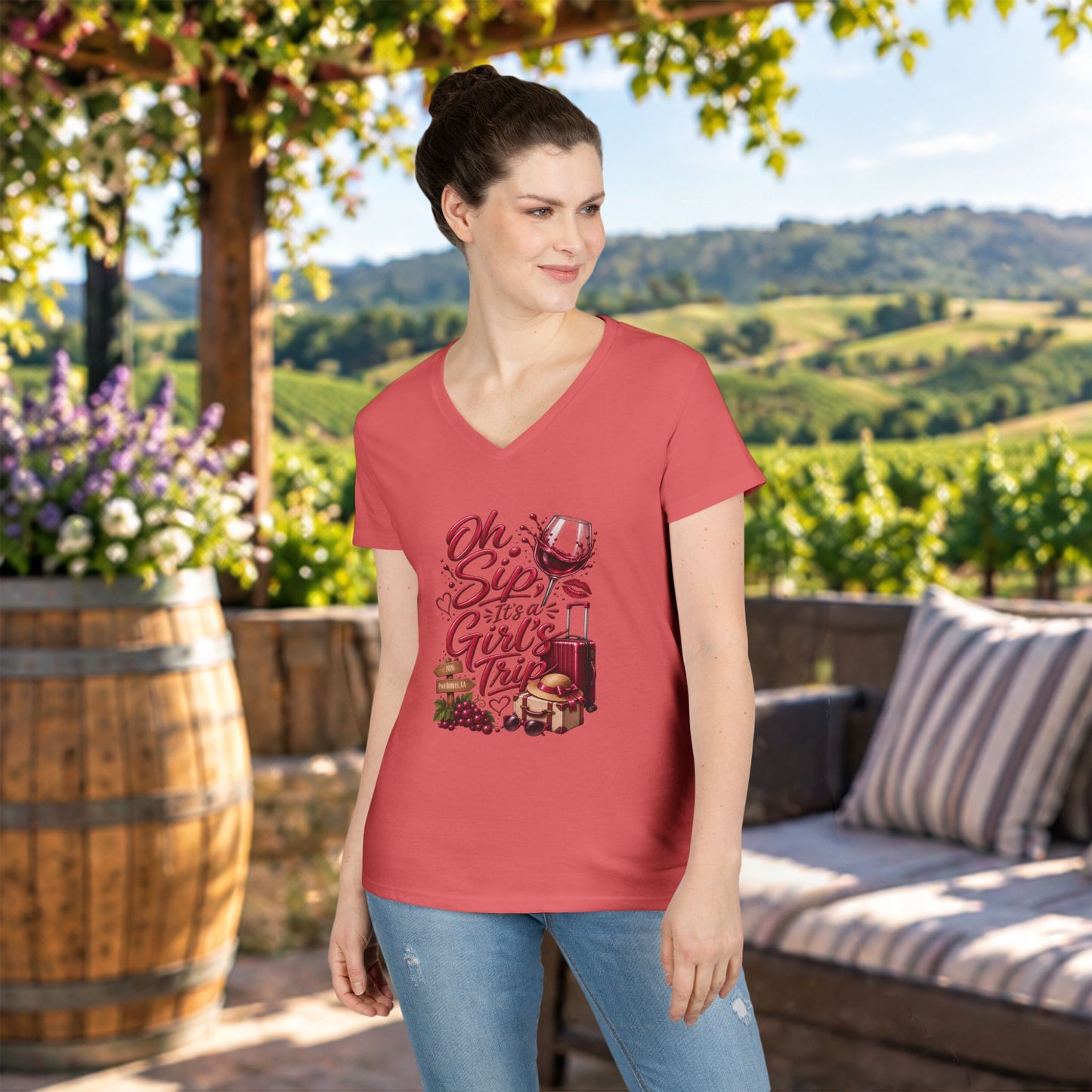 Oh Sip It's A Girl's Trip Personalized Ladies V-Neck Tee