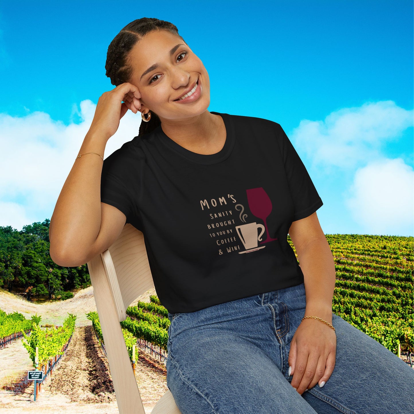 Mom's sanity brought to you by Coffee & Wine Personalized Tee