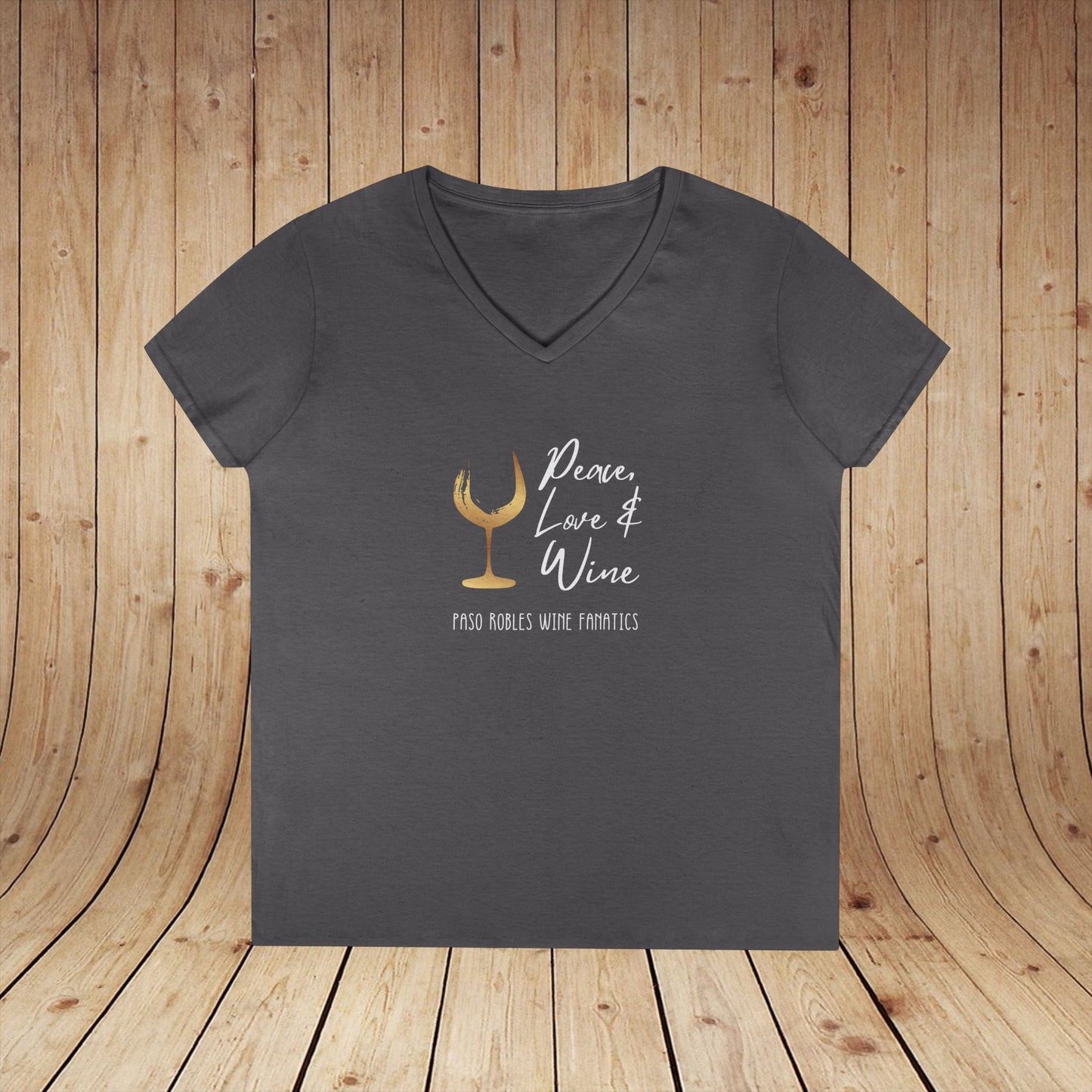 Peace, Love & Wine Gold Glass Ladies V-Neck Tee
