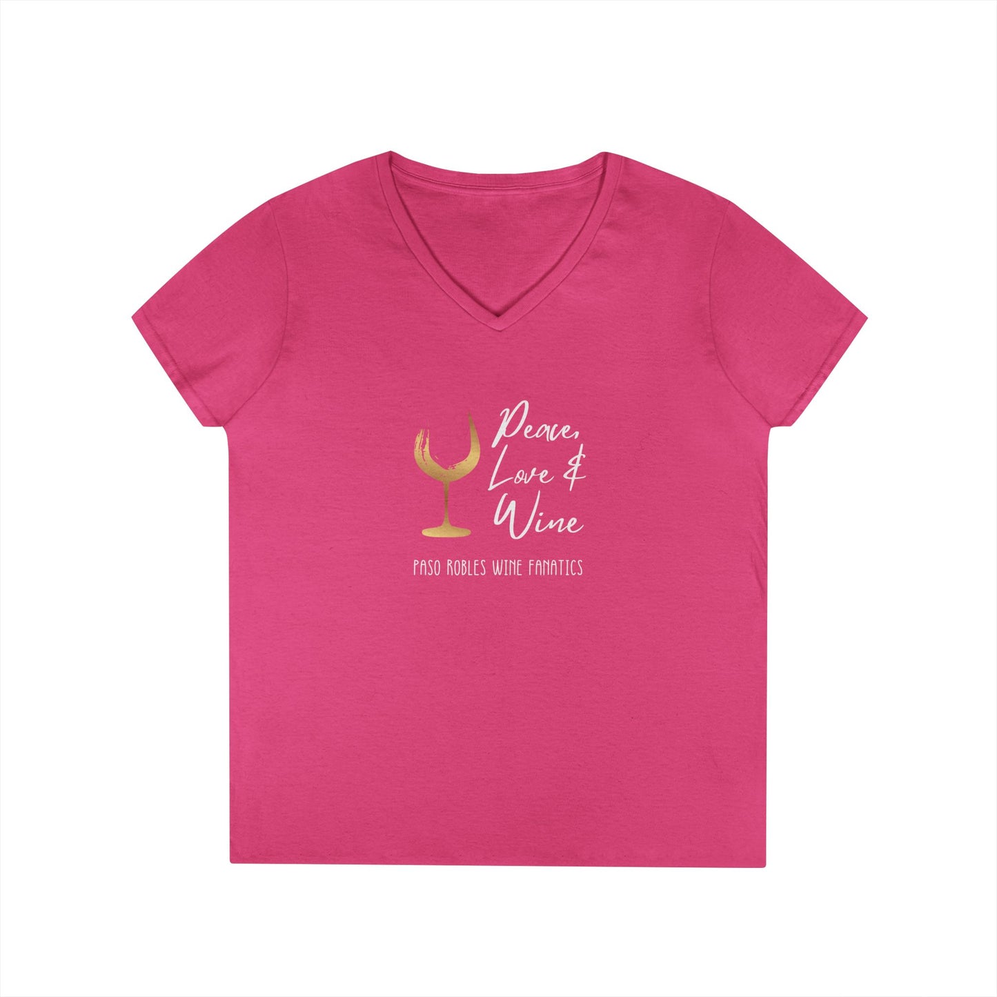 Peace, Love & Wine Gold Glass Ladies V-Neck Tee