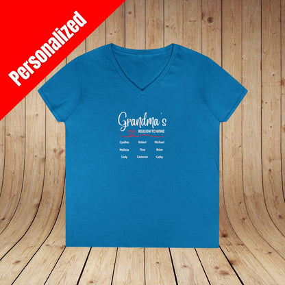 Grandma's Reason To Wine Personalized Ladies V-Neck Tee