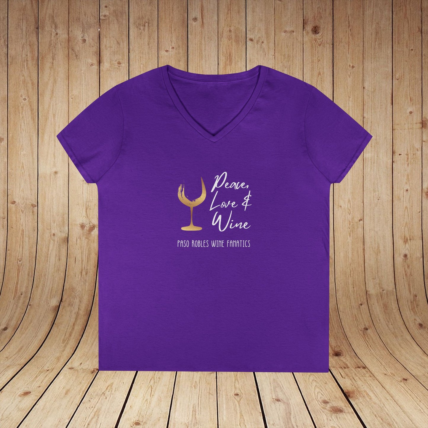 Peace, Love & Wine Gold Glass Ladies V-Neck Tee