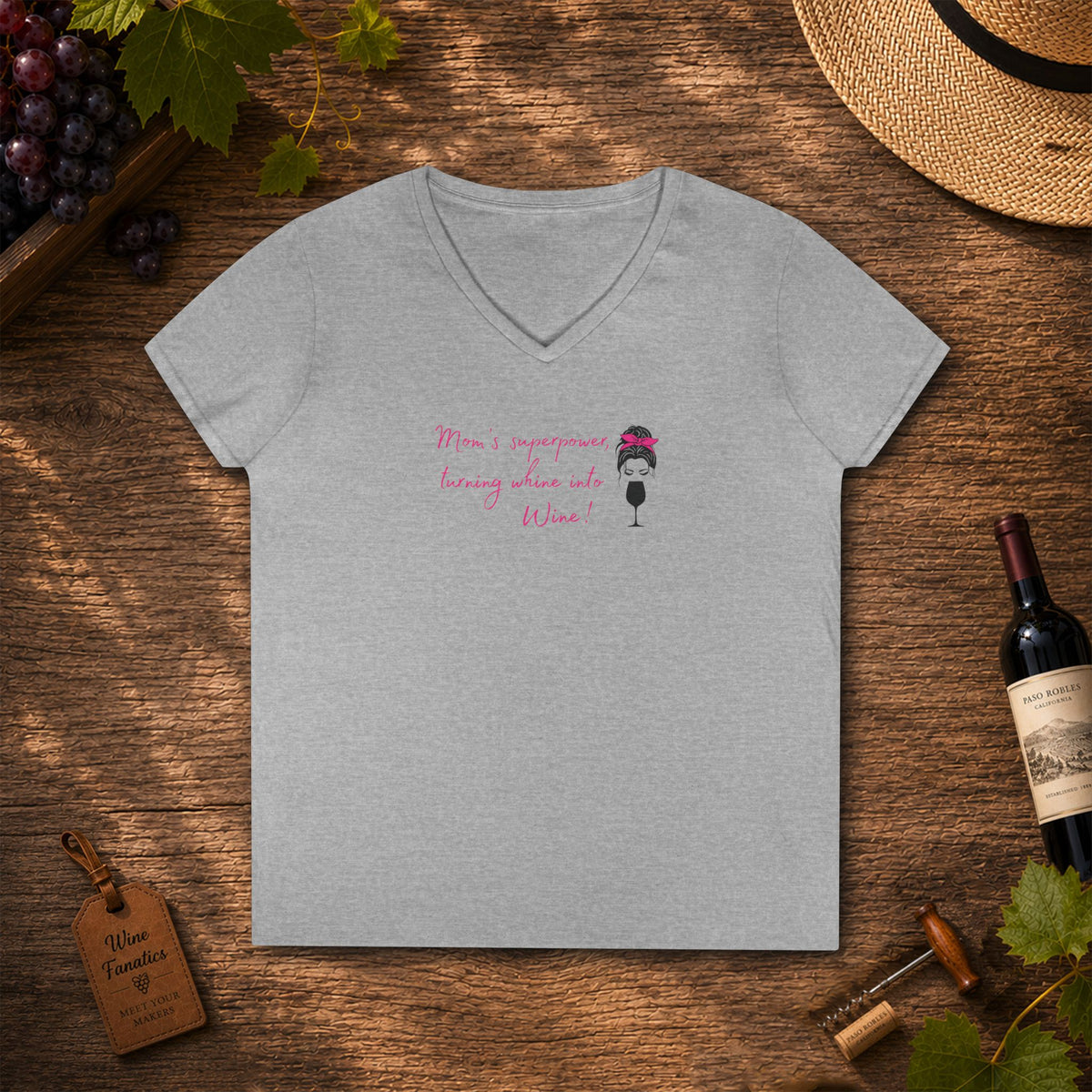 Mom's superpower, turning whine into Wine! Ladies V-Neck T-Shirt