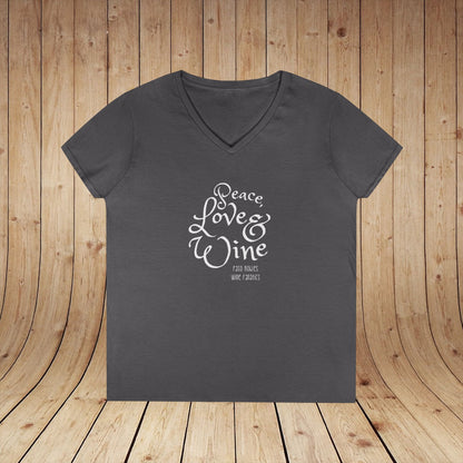 Peace, Love & Wine Text Ladies V-Neck Tee