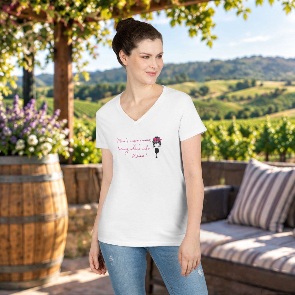 Mom's superpower, turning whine into Wine! Ladies V-Neck T-Shirt