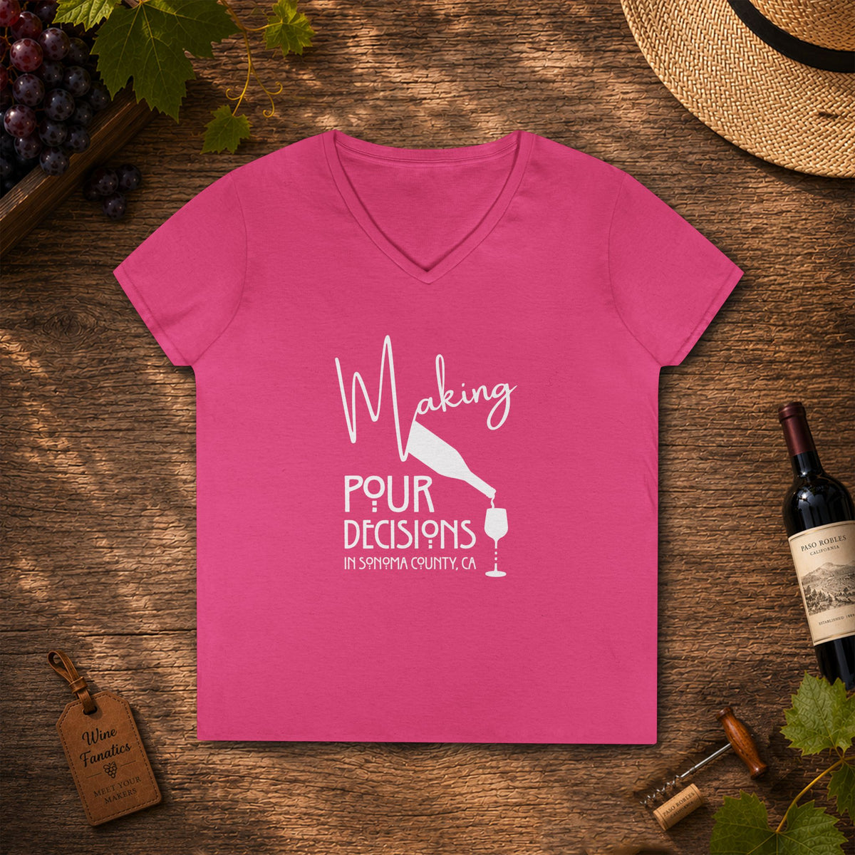 Making Pour Decisions in Sonoma, CA Ladies V-Neck Tee