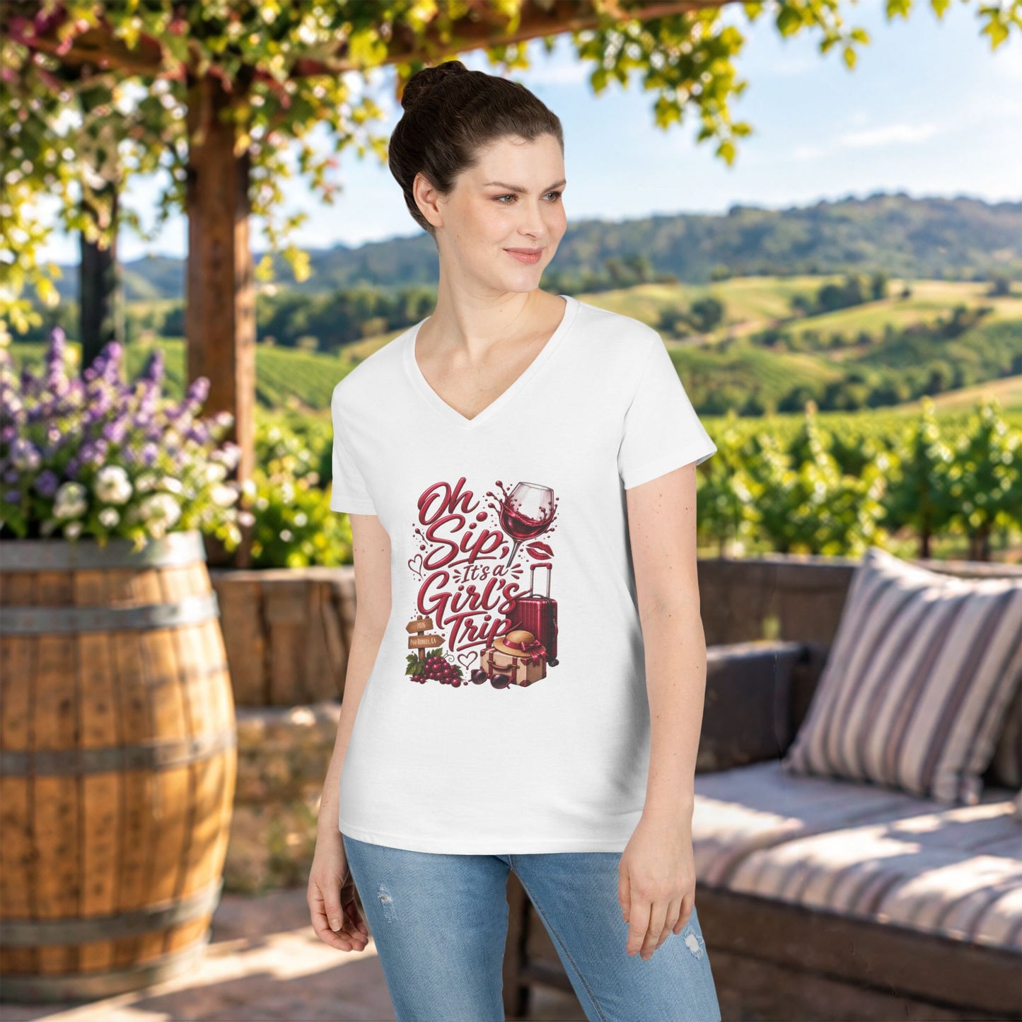 Oh Sip It's A Girl's Trip Personalized Ladies V-Neck Tee