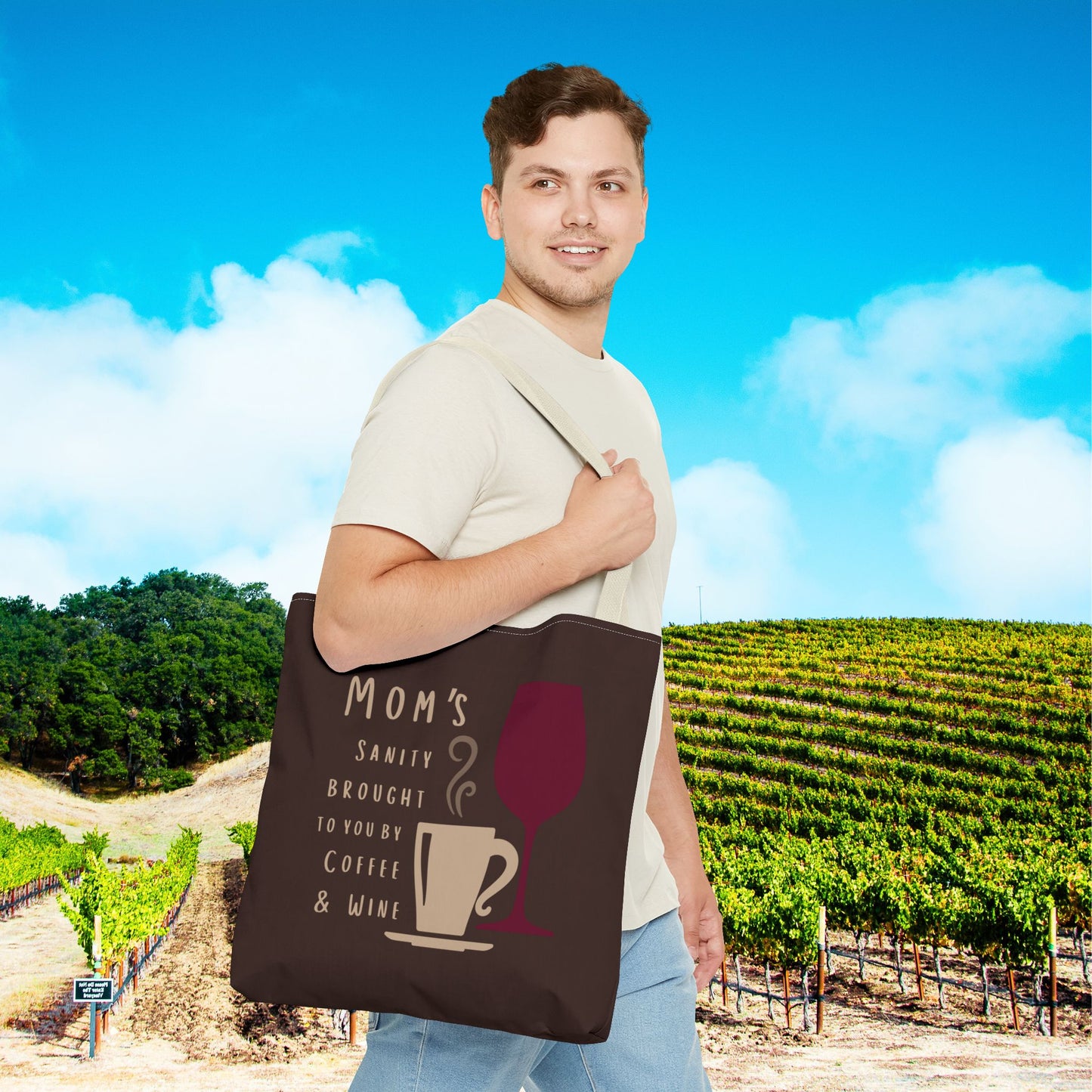 Mom's sanity brought to you by Coffee & Wine tote bag