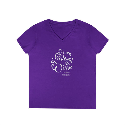 Peace, Love & Wine Text Ladies V-Neck Tee