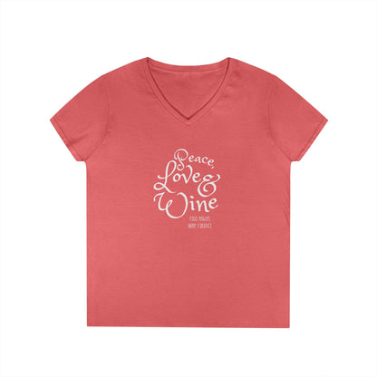 Peace, Love & Wine Text Ladies V-Neck Tee