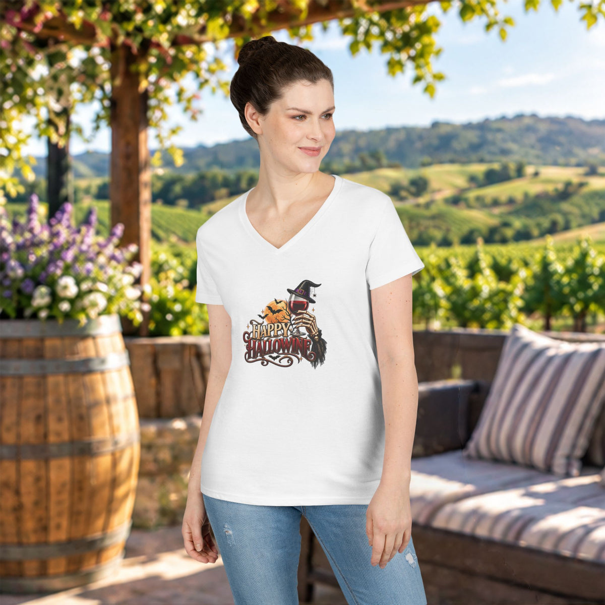 Happy Hallowine Ladies V-Neck Tee