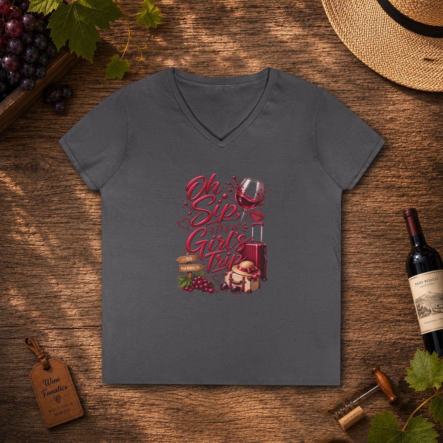 Oh Sip It's A Girl's Trip Personalized Ladies V-Neck Tee