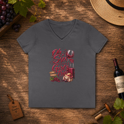 Oh Sip It's A Girl's Trip Personalized Ladies V-Neck Tee