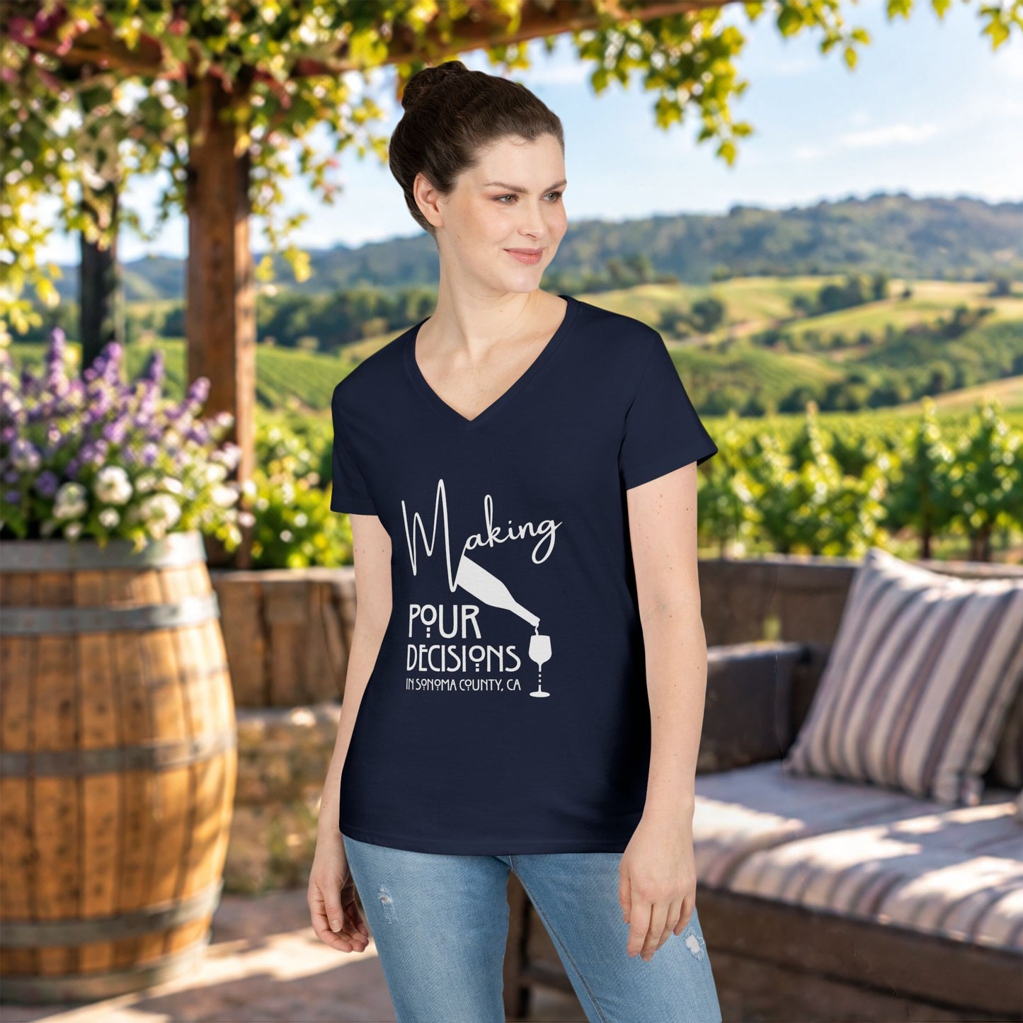 Making Pour Decisions in Sonoma, CA Ladies V-Neck Tee