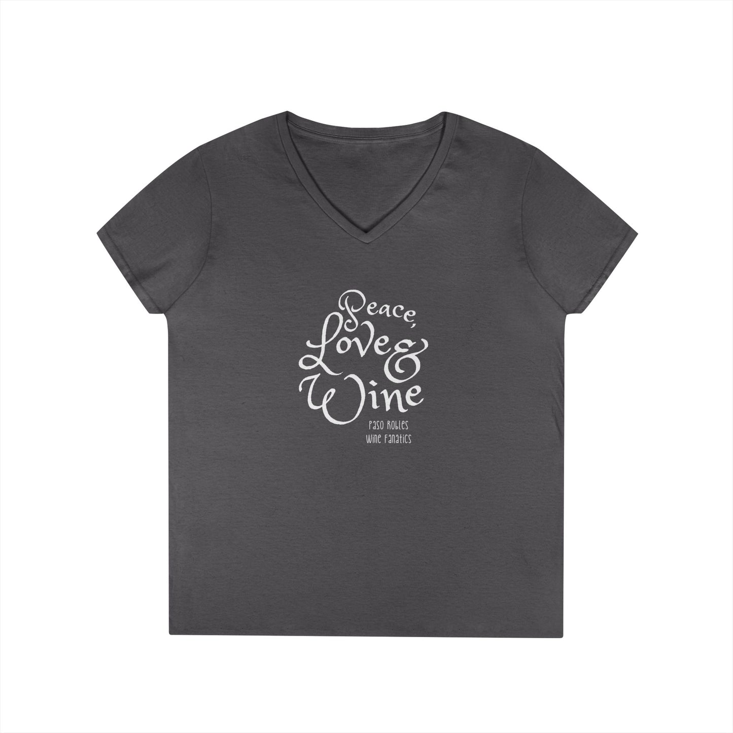 Peace, Love & Wine Text Ladies V-Neck Tee