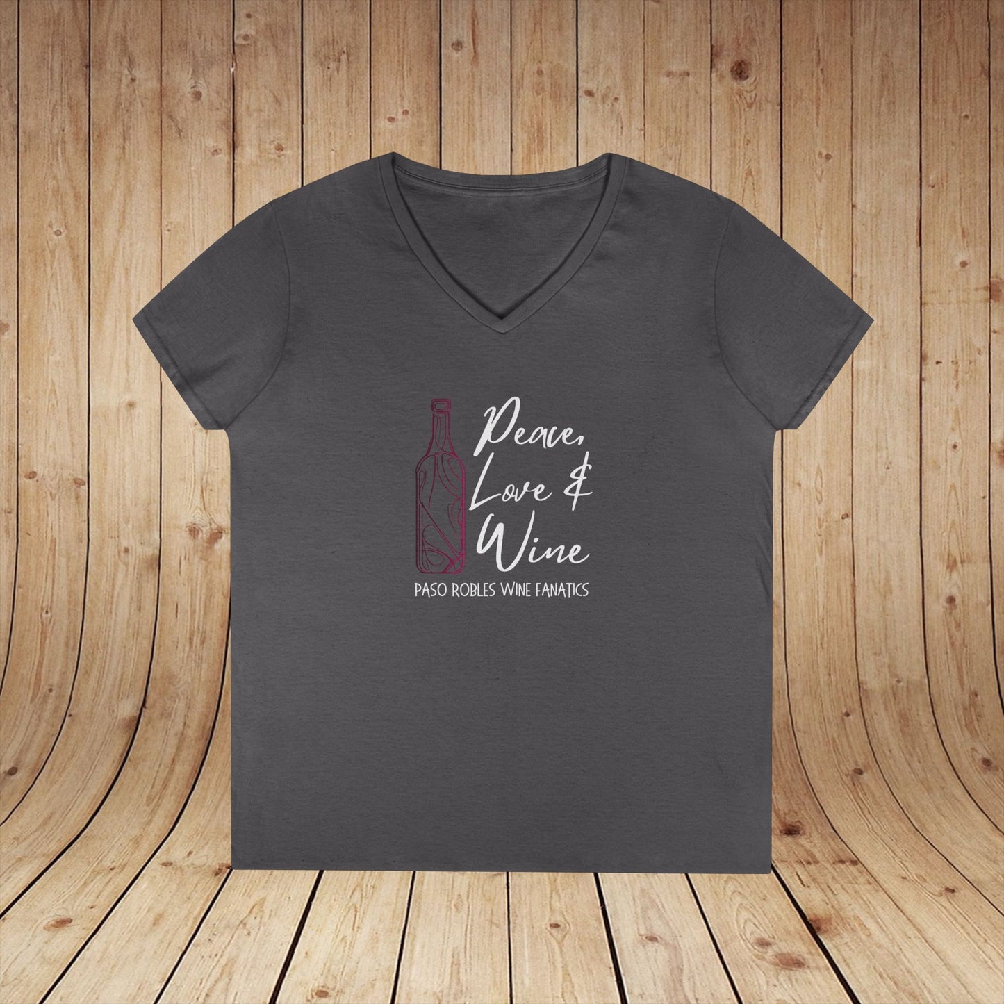 Peace, Love & Wine Bottle Ladies V-Neck Tee