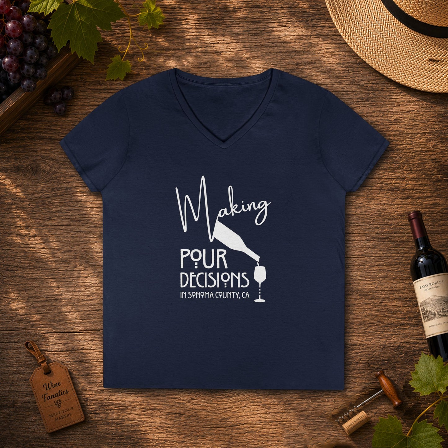 Making Pour Decisions in Sonoma, CA Ladies V-Neck Tee