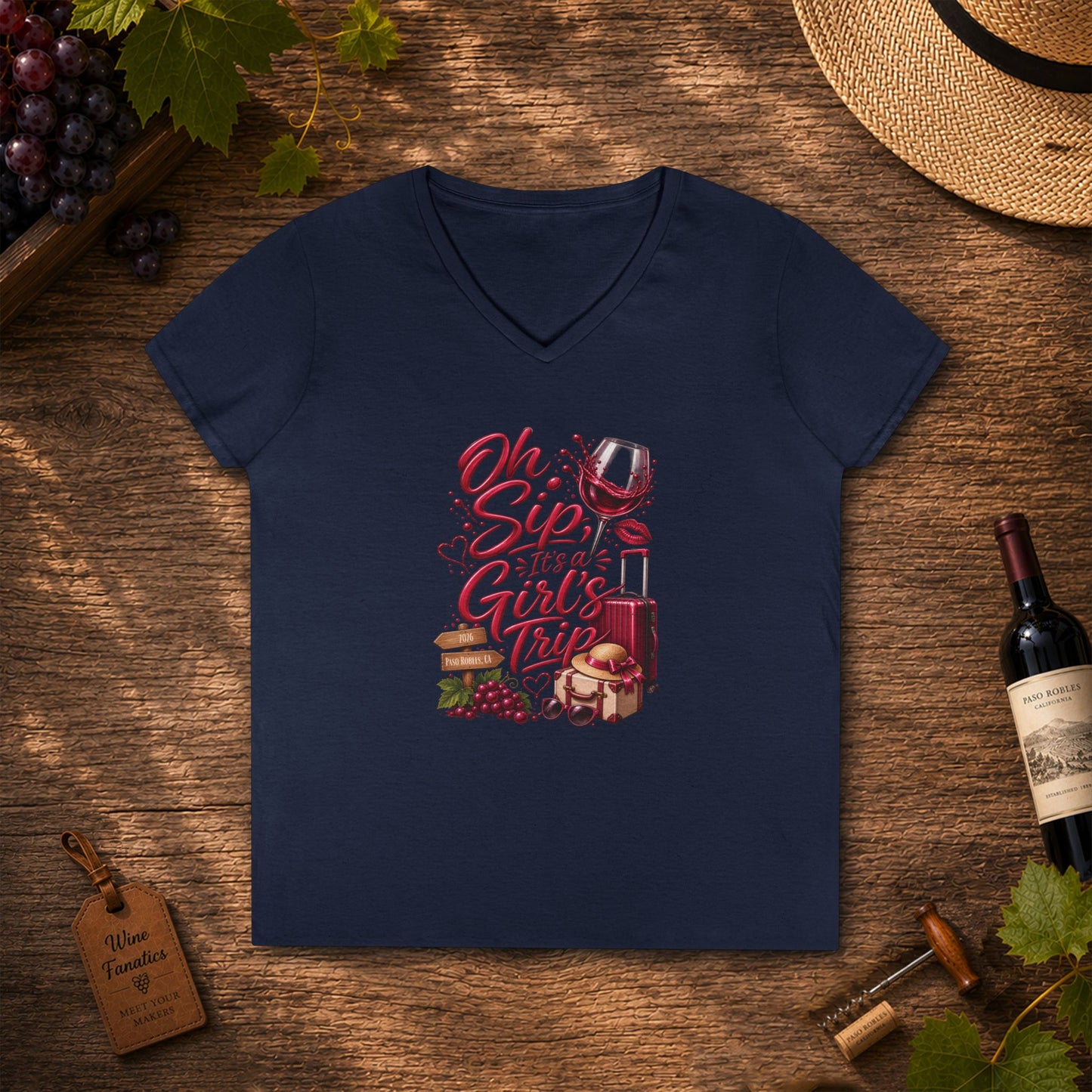 Oh Sip It's A Girl's Trip Personalized Ladies V-Neck Tee