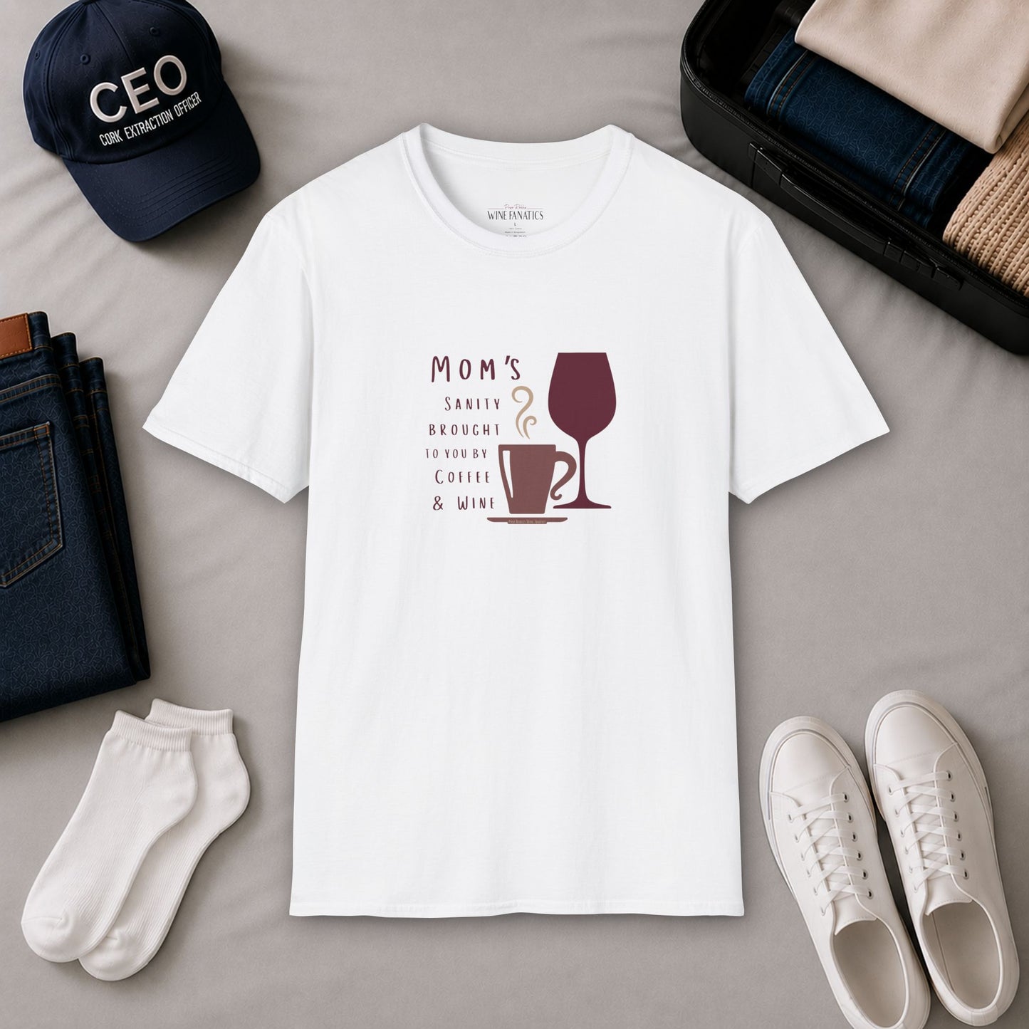 Mom's sanity brought to you by Coffee & Wine Crewneck Tee