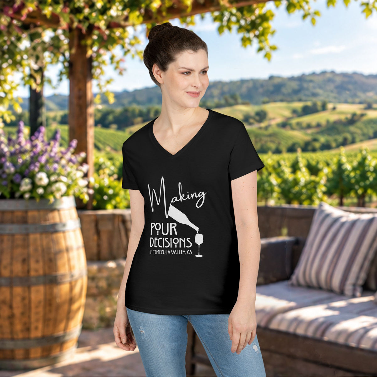 Making Pour Decisions in Temecula, CA Ladies V-Neck Tee