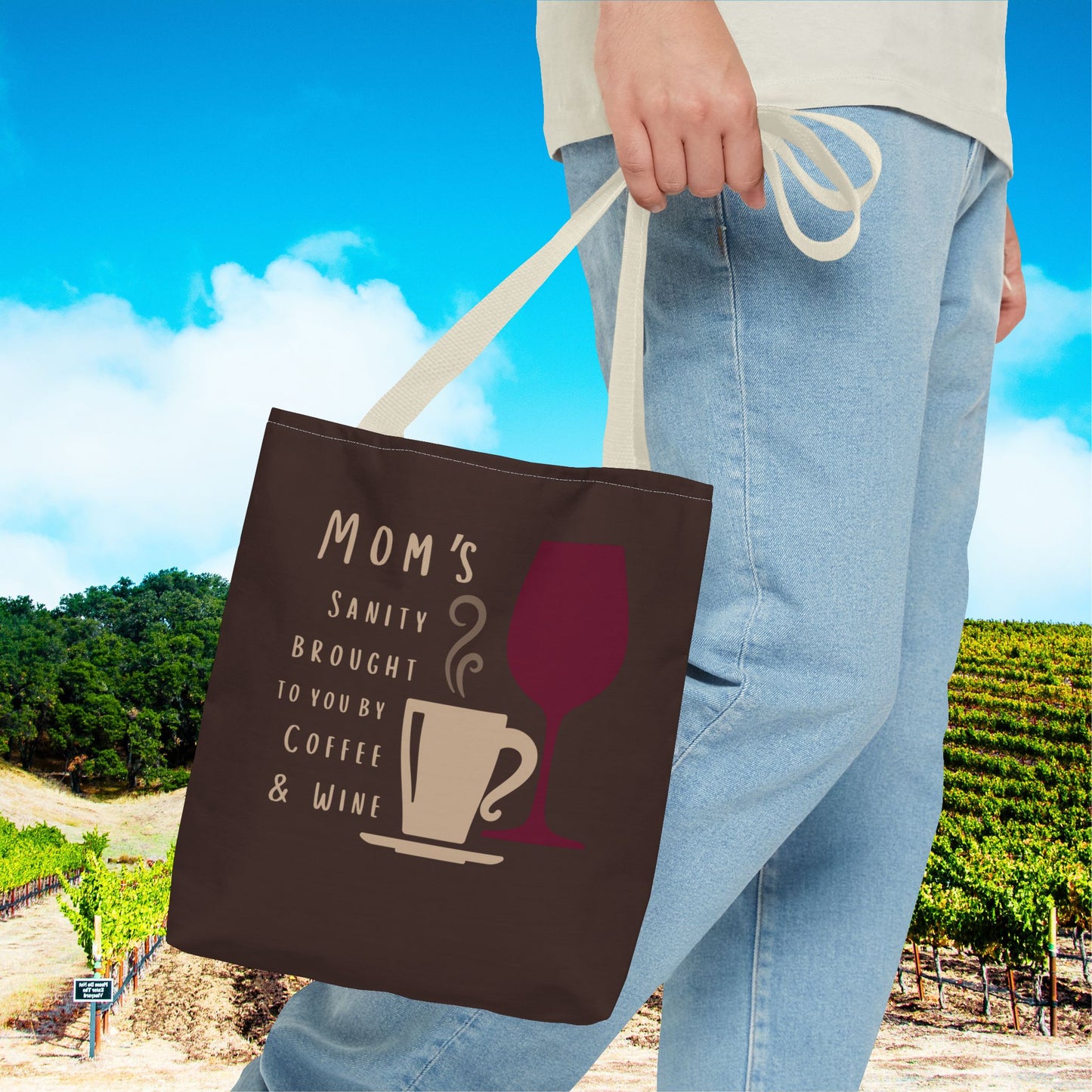 Mom's sanity brought to you by Coffee & Wine tote bag