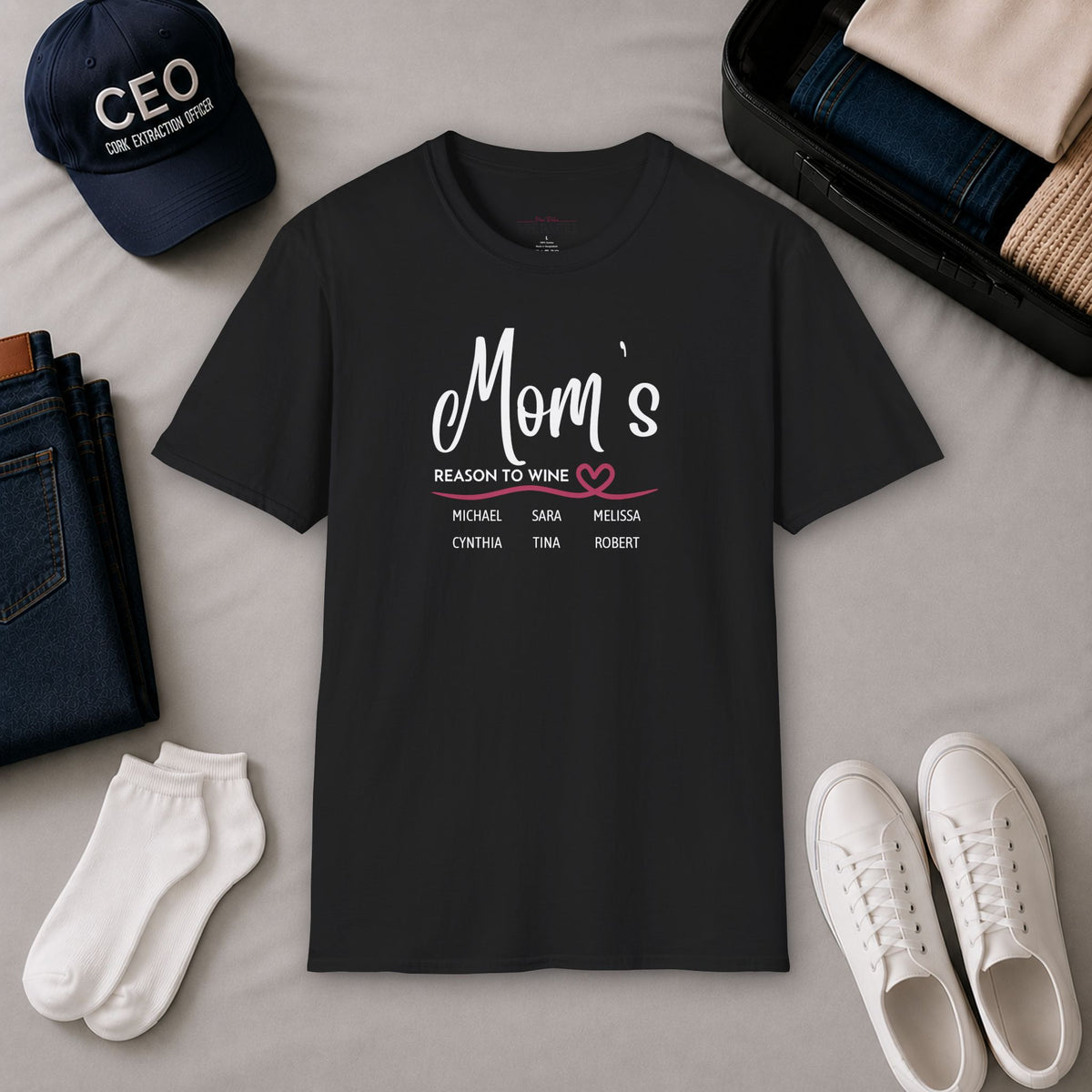 Mom's Reason To Wine Personalized Crew Neck Tee