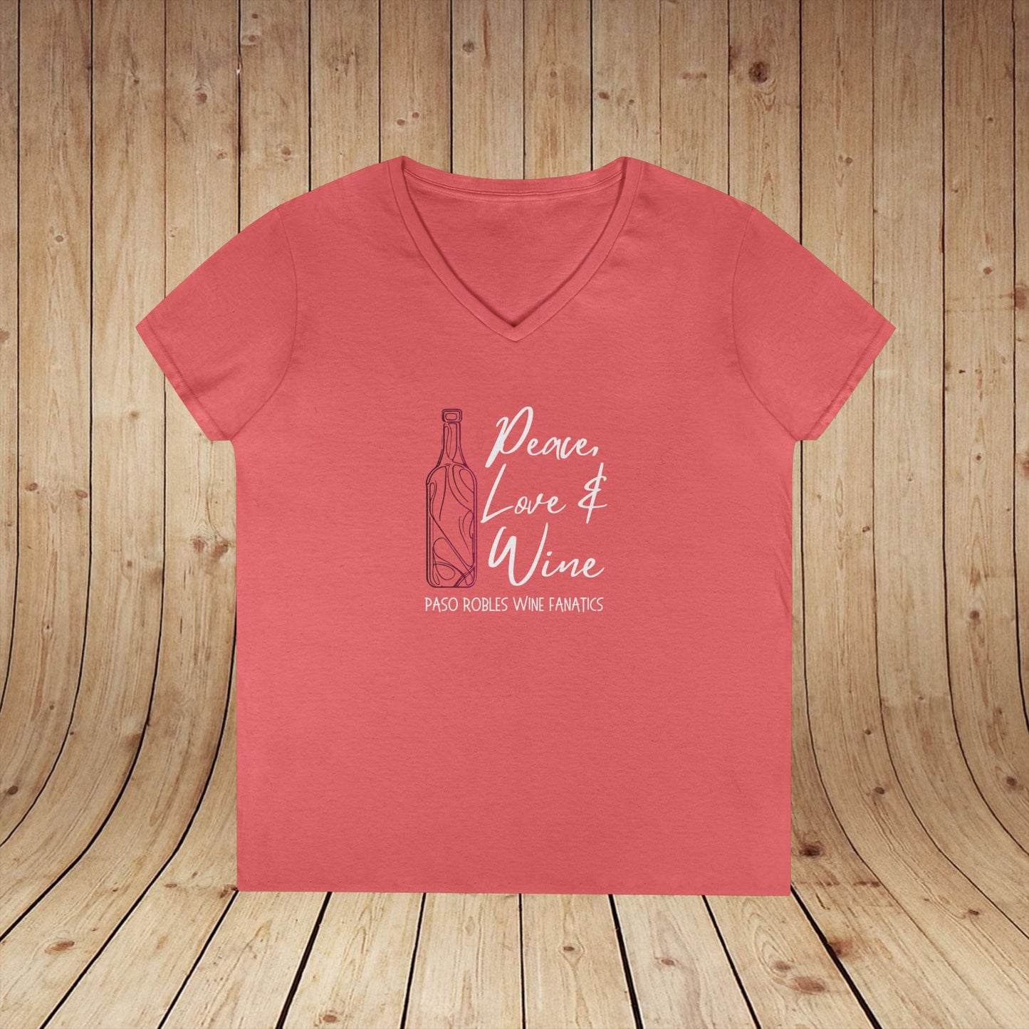 Peace, Love & Wine Bottle Ladies V-Neck Tee