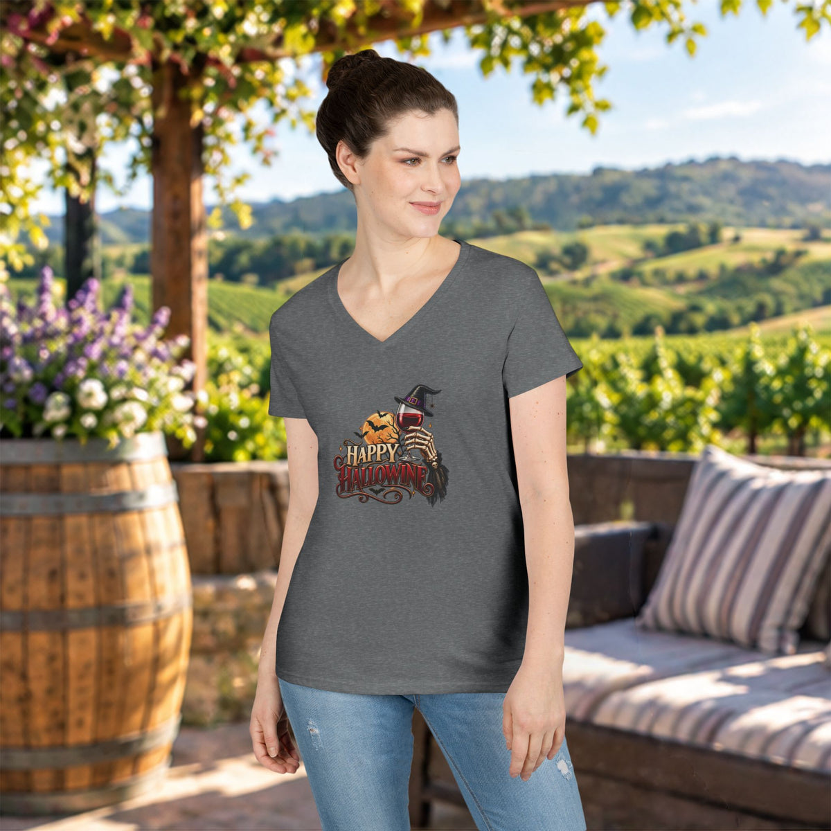Happy Hallowine Ladies V-Neck Tee