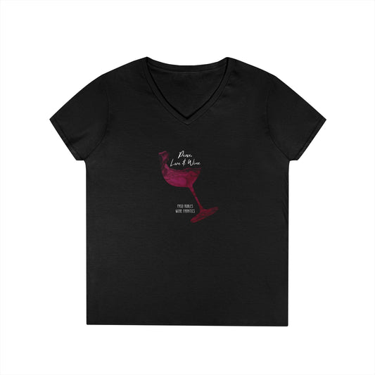 Peace, Love & Wine Glass Ladies V-Neck Tee
