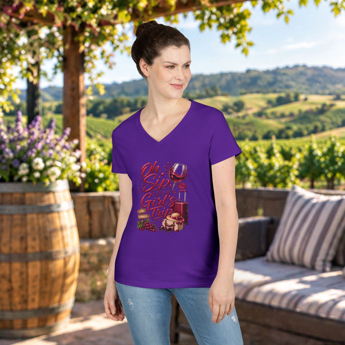 Oh Sip It's A Girl's Trip Personalized Ladies V-Neck Tee