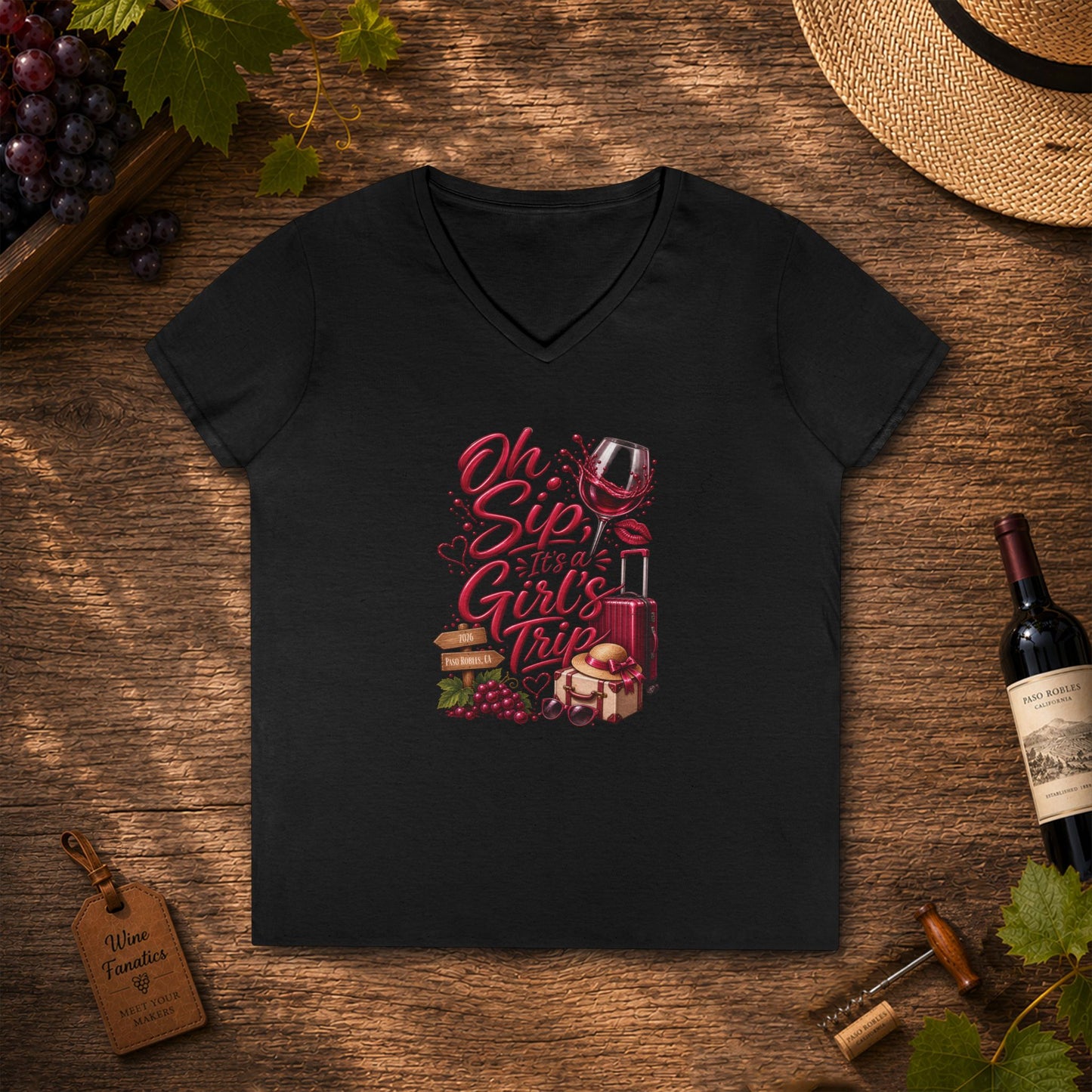 Oh Sip It's A Girl's Trip Personalized Ladies V-Neck Tee
