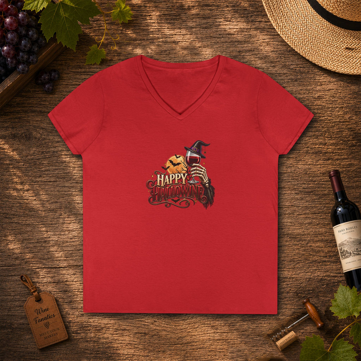 Happy Hallowine Ladies V-Neck Tee