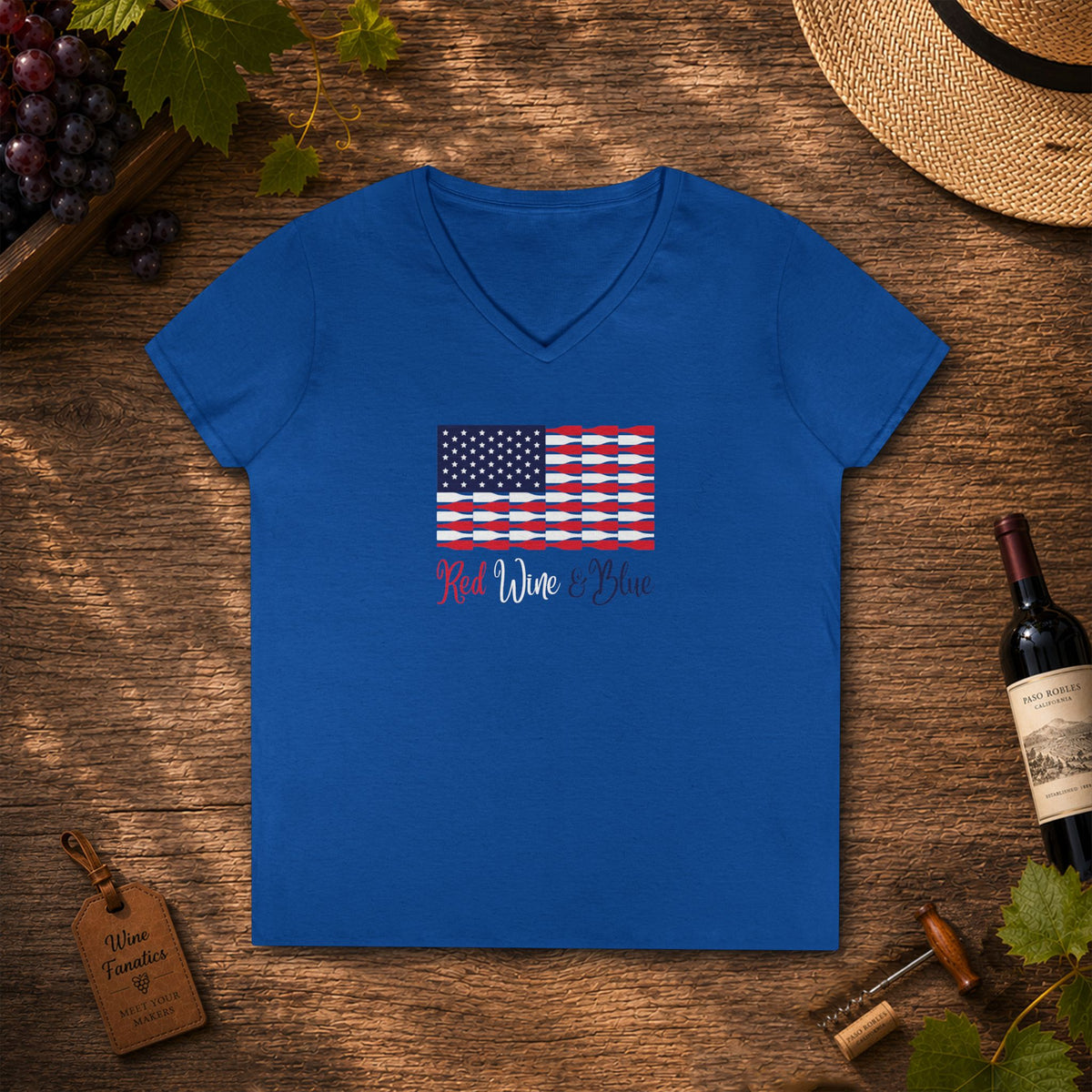Red Wine & Blue Independence Day Ladies V-Neck T-Shirt