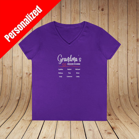 Grandma's Reason To Wine Personalized Ladies V-Neck Tee