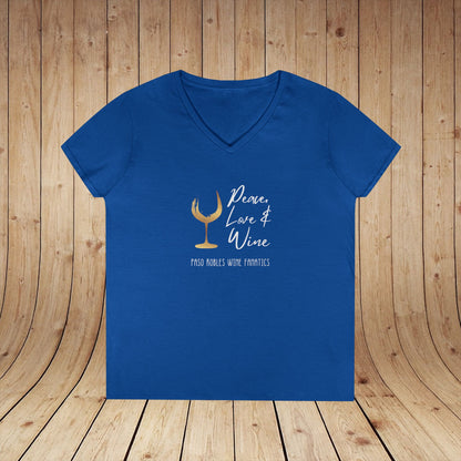 Peace, Love & Wine Gold Glass Ladies V-Neck Tee