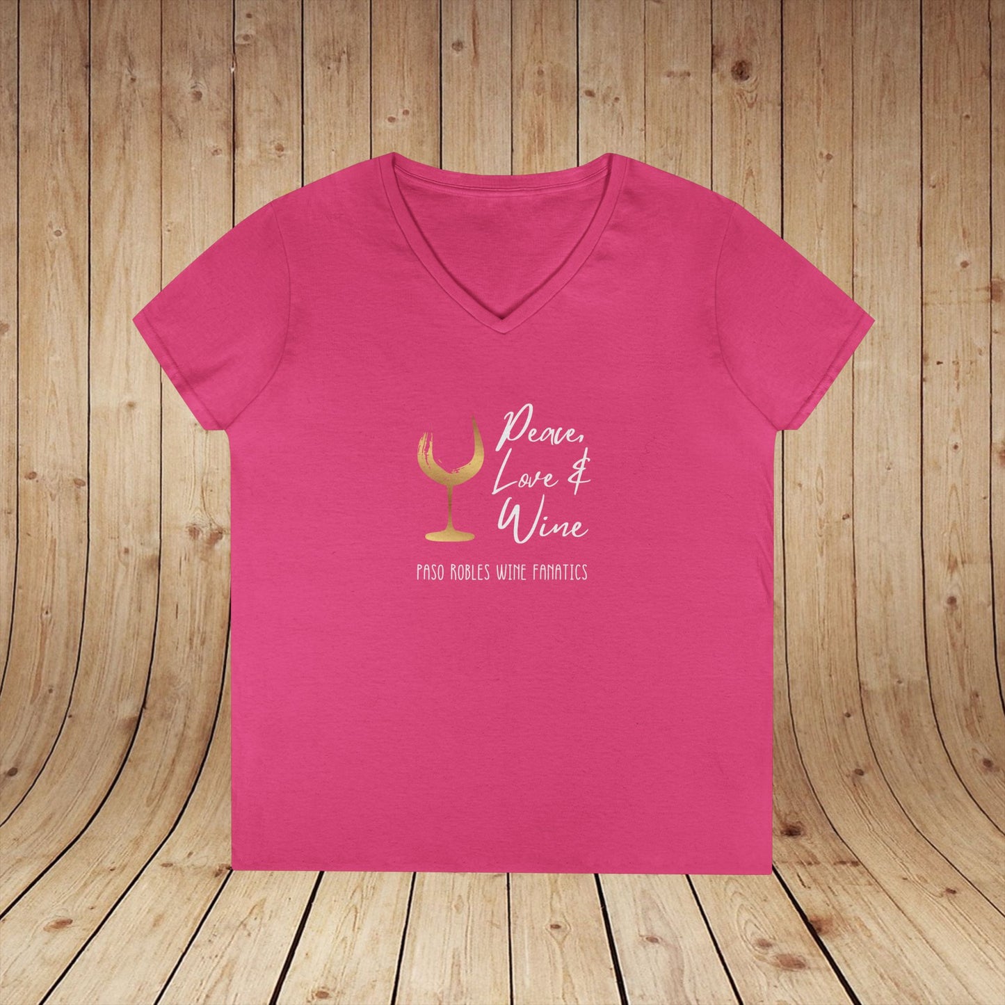 Peace, Love & Wine Gold Glass Ladies V-Neck Tee