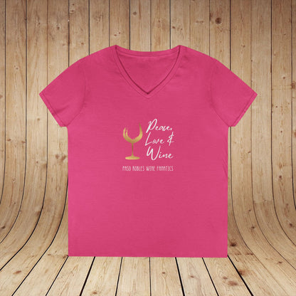 Peace, Love & Wine Gold Glass Ladies V-Neck Tee