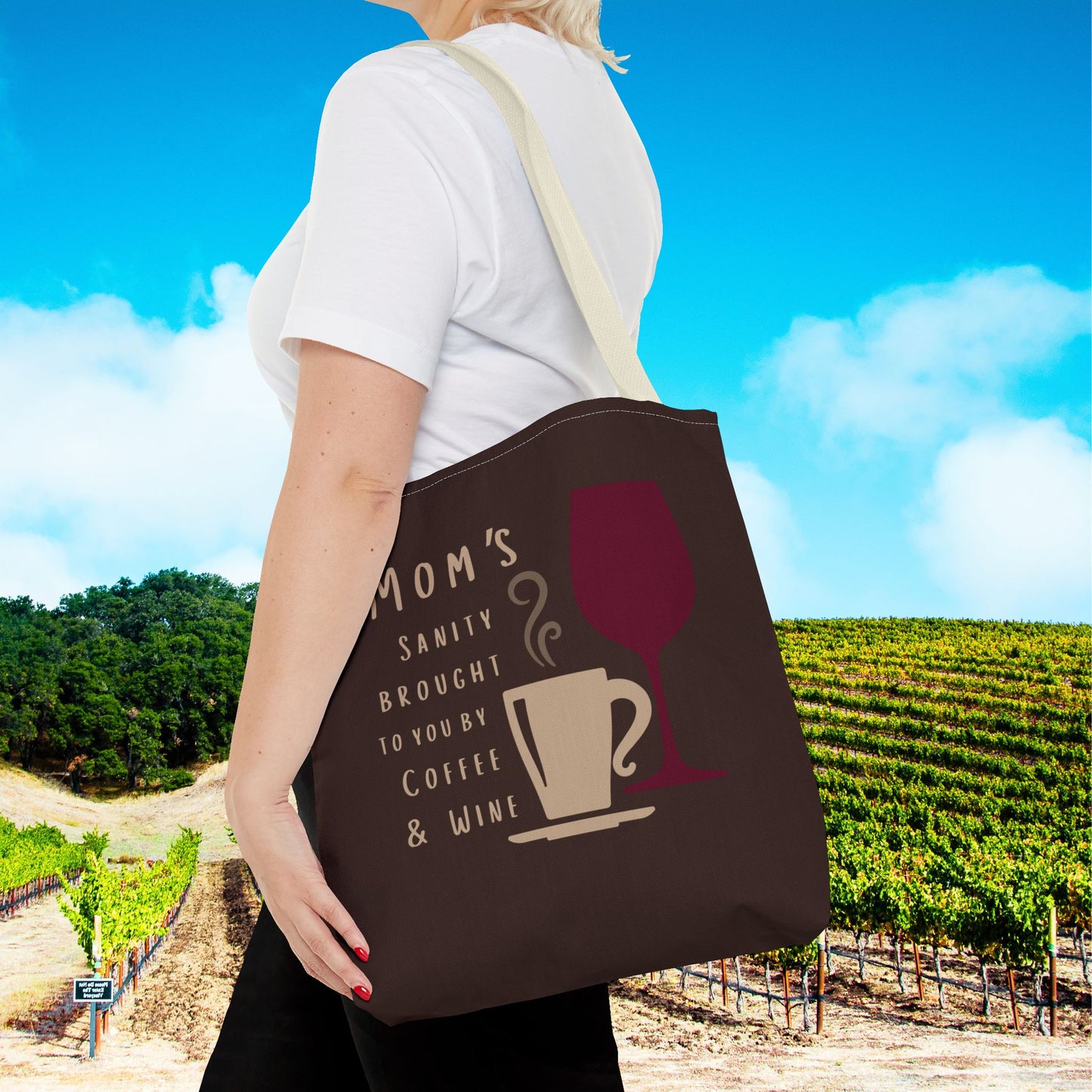 Mom's sanity brought to you by Coffee & Wine tote bag