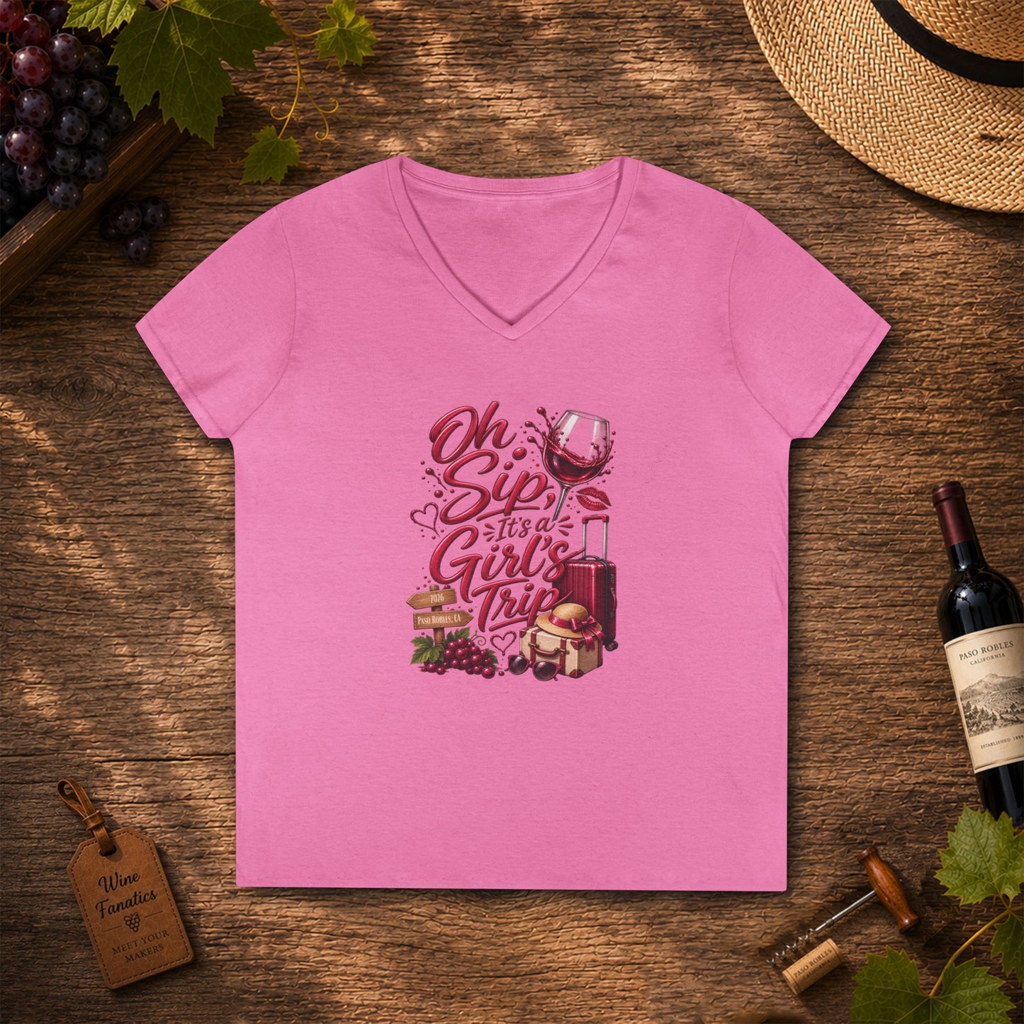 Oh Sip It's A Girl's Trip Personalized Ladies V-Neck Tee