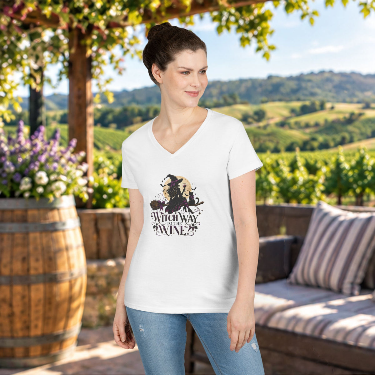 Witch Way To The Wine Ladies V-Neck T-Shirt